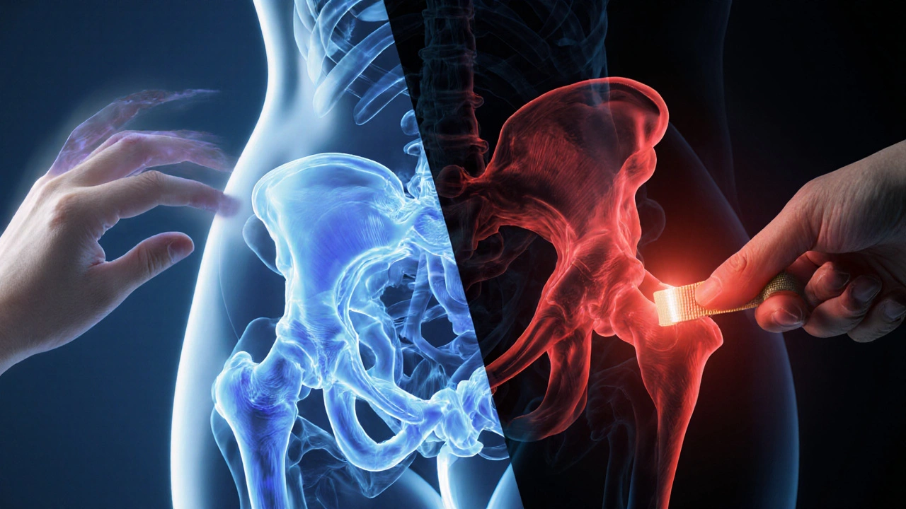 Anatomický výřez pánve s viditelnými svaly, levá strana s holým dotekem, pravá s Kegel cvičením.