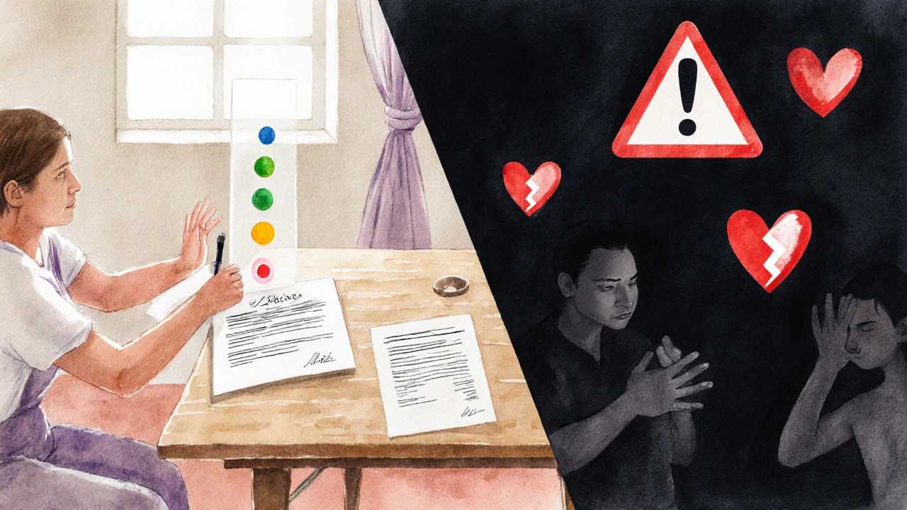 Dvě strany jednoho obrazu: etická tantrická masáž vlevo, zneužití vpravo, symbolicky znázorněné barvami a ikonami.