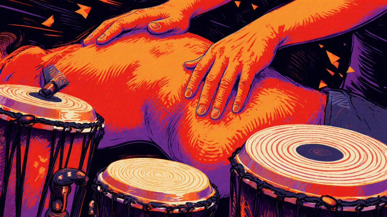 Intenzivní masážní část s bubny, rukama terapeuta a vibracemi podél těla.