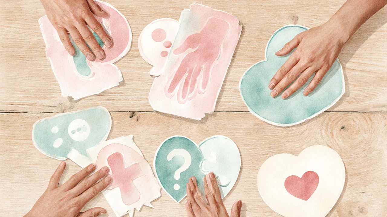 Komunikační karty a ukázka metody čtyř rukou ležící na dřevěném stole.