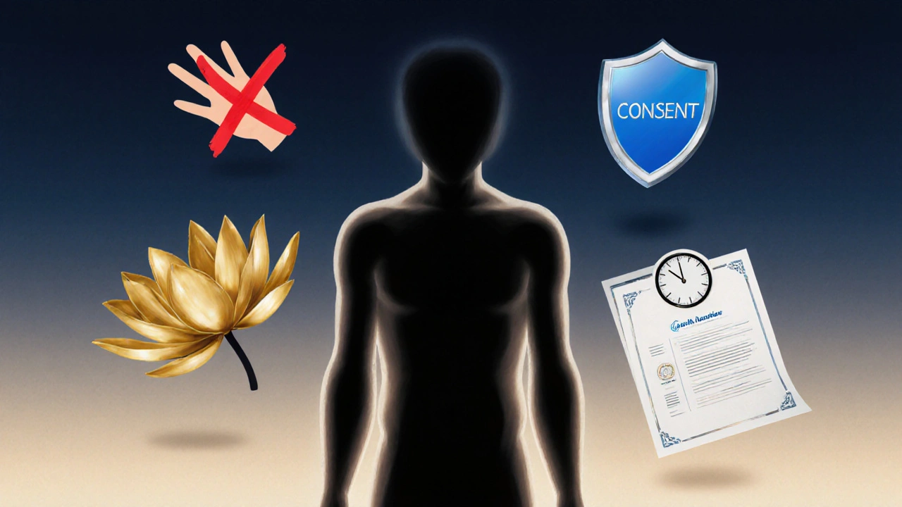 Kresba lidské postavy s symboly etiky, souhlasu a transformace, vystupující z klidného pozadí.