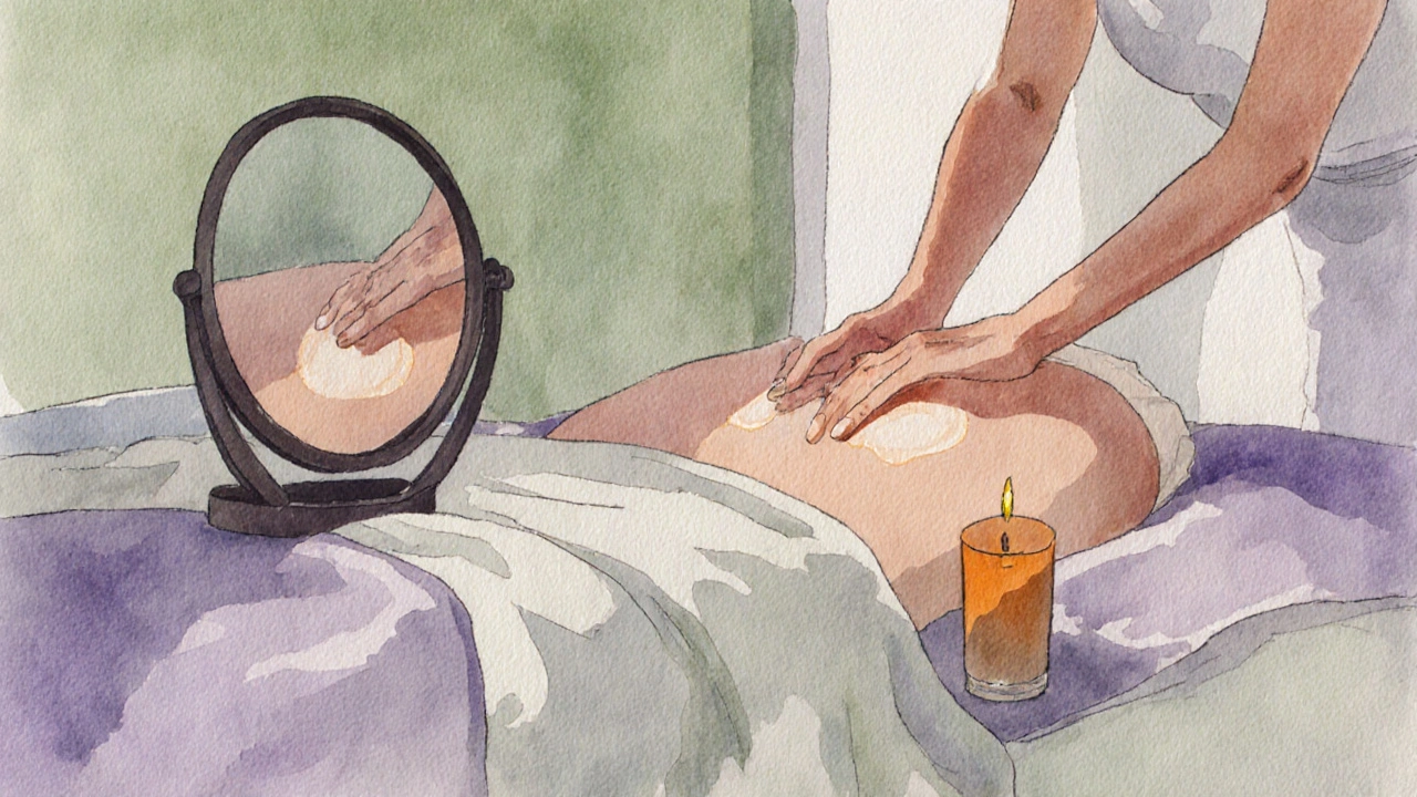 Místnost pro masáž s ženou ležící na stole, vedle zrcátka a léčivého oleje.