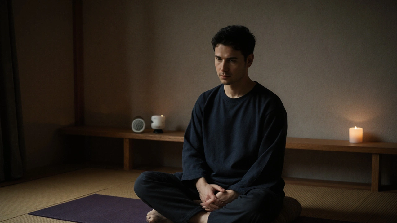 Muž medituje v klidné prostředí, symbolizující spojení těla a energie.