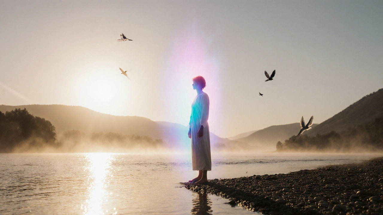 Osoba medituje u řeky při východu slunce, vyzařuje duchovní probuzení.