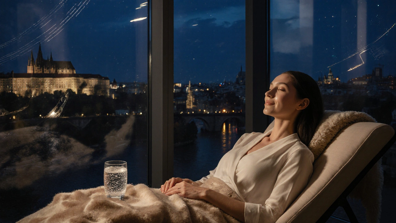 Po masáži klient odpočívá u okna s výhledem na pražské večerní osvětlení.
