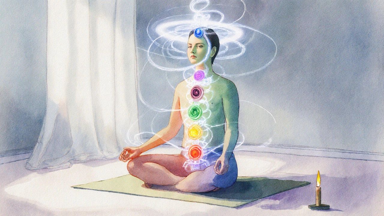 Postava s otevřenými čakrami a proudem světelného prány během dechových cvičení.
