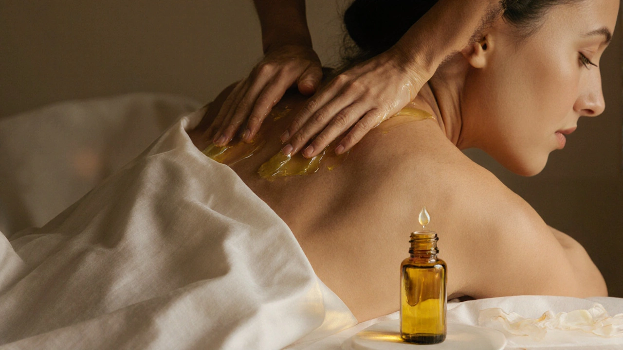 Ruce s rozehřátým olejem hladí podél zad, vedle otevřené lahvičky jojobového oleje.