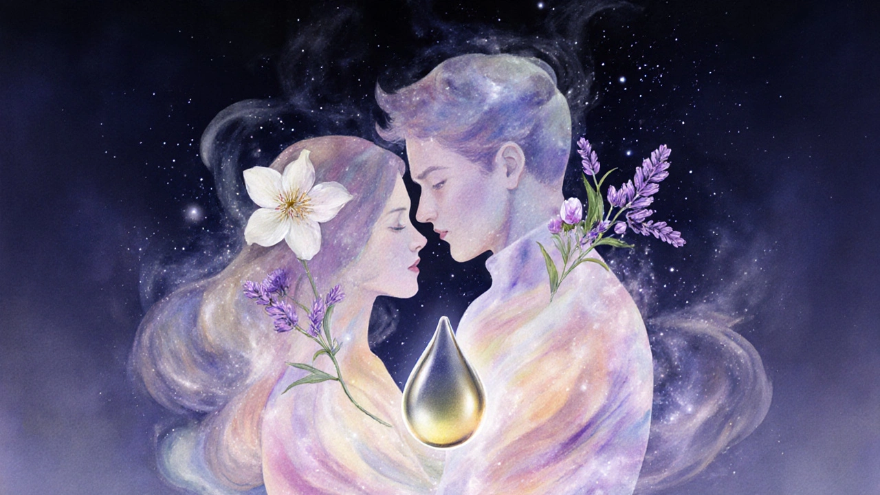 Silueta páru obklopená zářícím kapkou oleje a vůněmi květin, symbolizující intenzivní vyvrcholení.