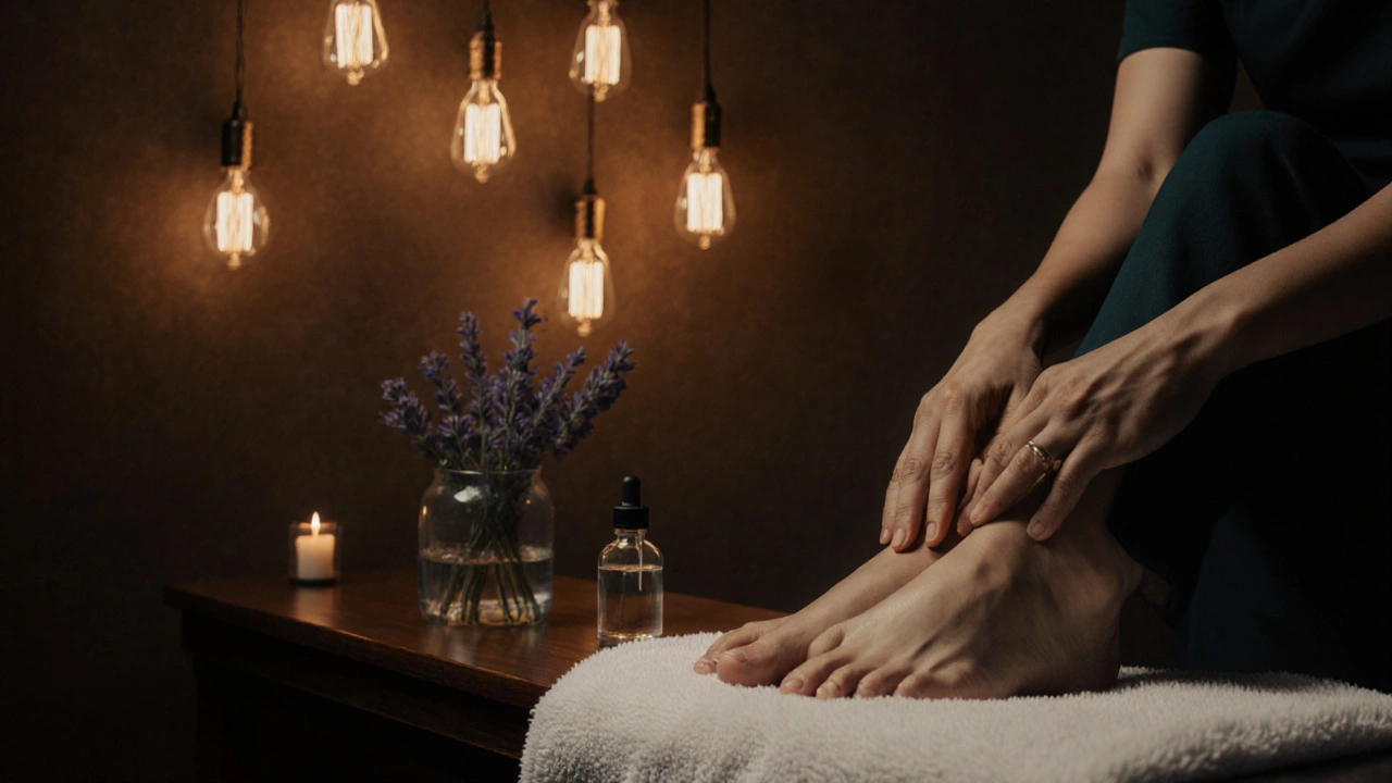 Terapeut masíruje nohy klienta v útulném, svícemi osvětleném studiu.