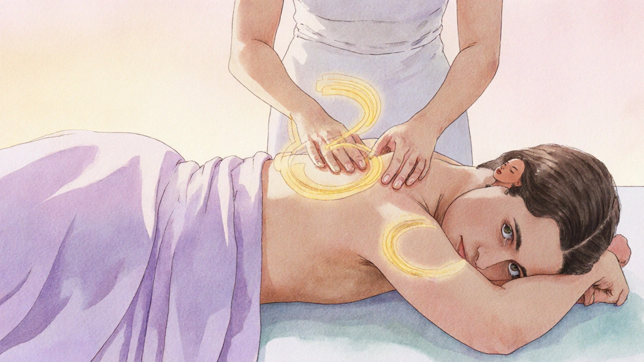 Ukončovací fáze masáže v teplém osvětlení, uvolněný klient a jemná aura.