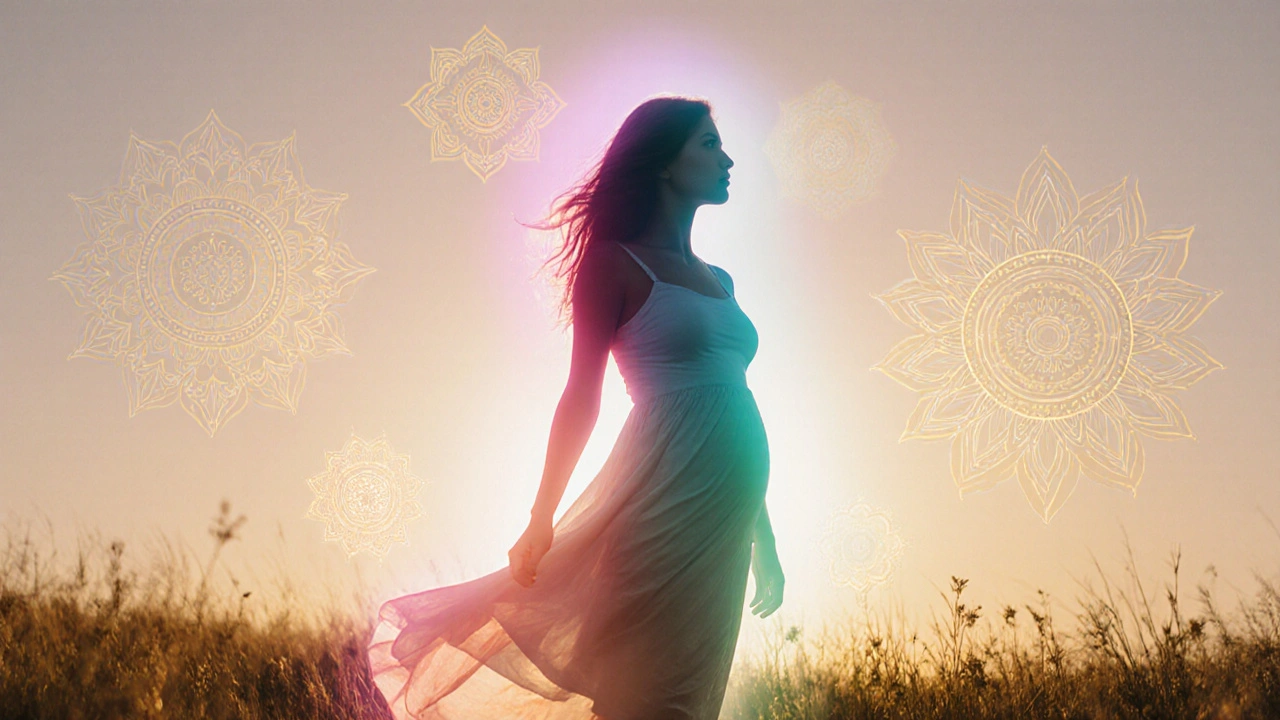 Žena stojí v louce, obklopena zářícím aurou, symbolizuje přijetí těla.