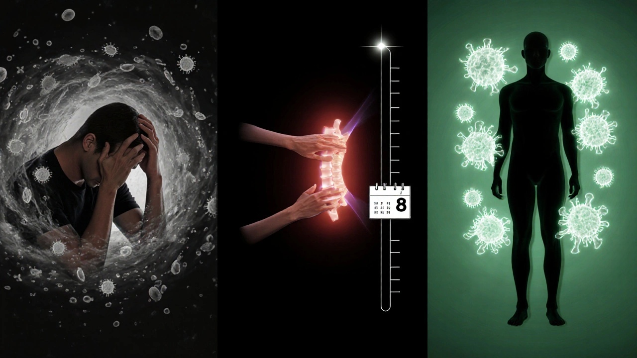 Chronologický obraz přeměny: vyčerpání → tantrická masáž → obnova imunitního systému.