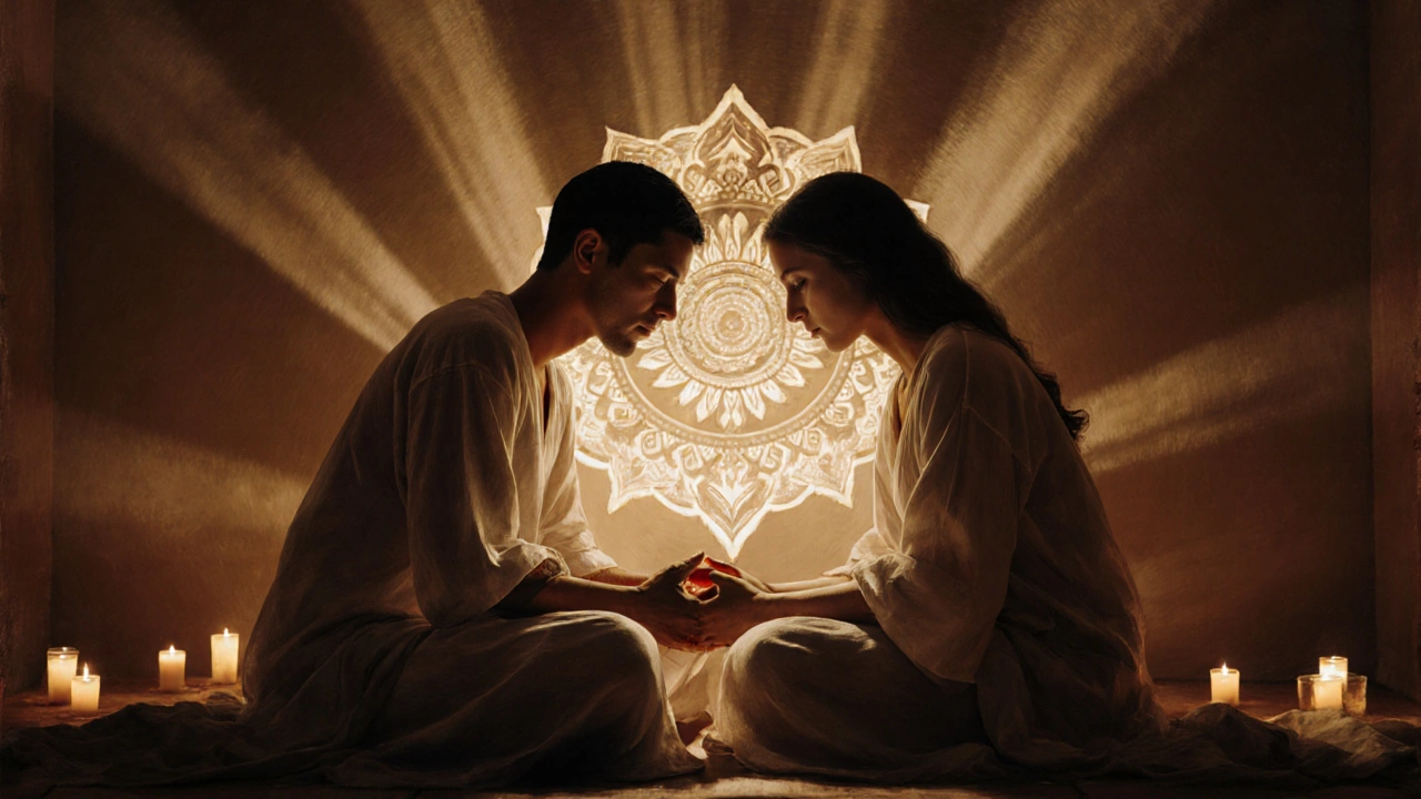 Dva lidé v volných oděvech sedí čelem k sobě, ruce spojené, v tiché meditativní spojenosti.