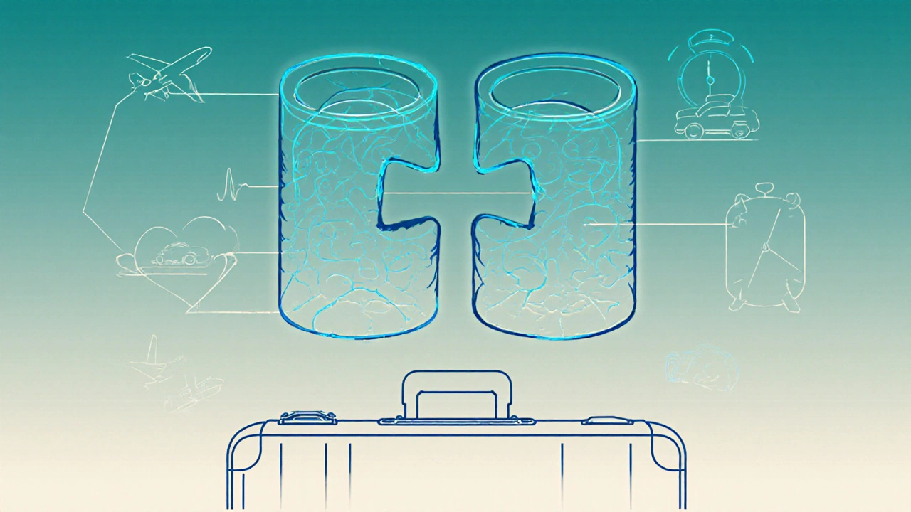 Dva magneticky spojené pěnové válce plavou nad zavazadlem jako symbol spojení.