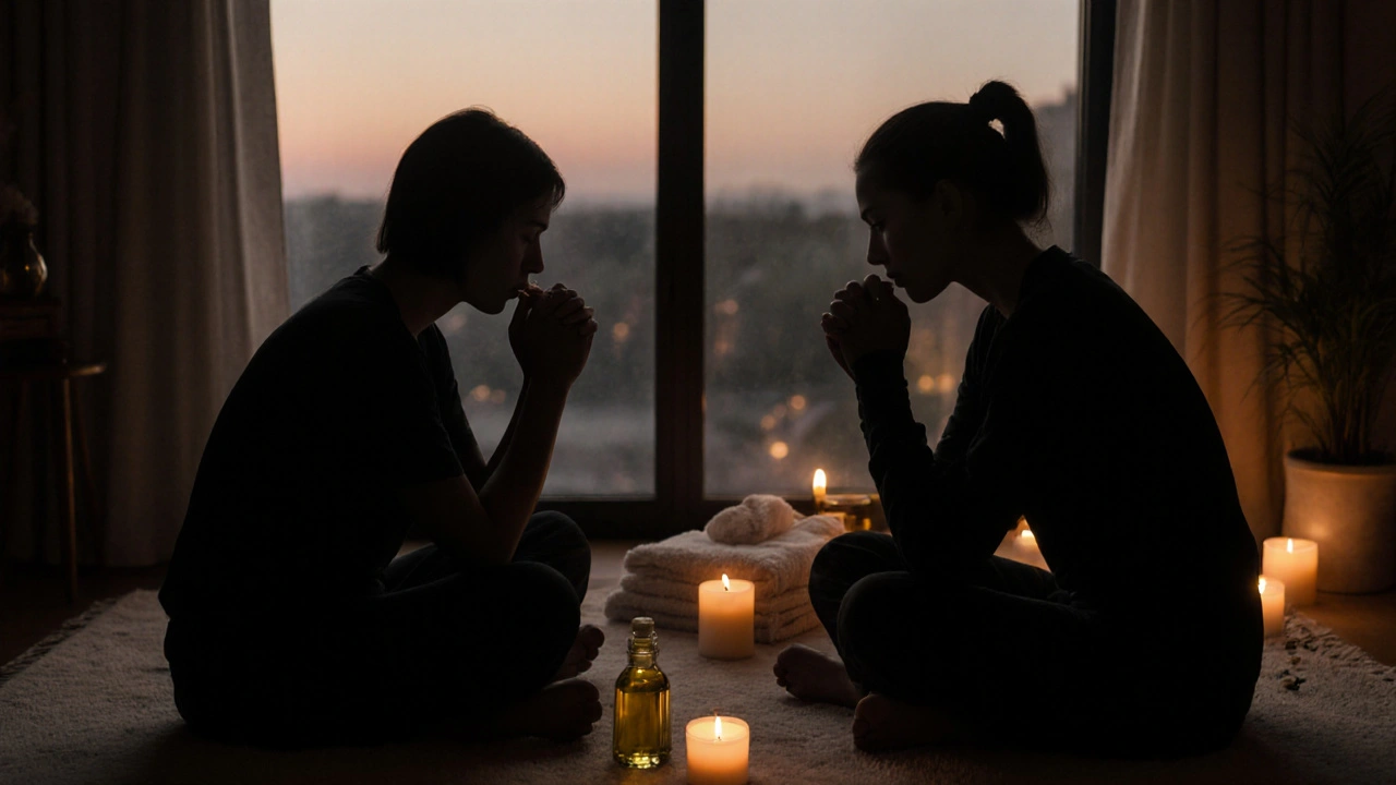 Dvě postavy sedící tichy, držící si ruce po masáži, v teplém, tichém prostředí bez slov.