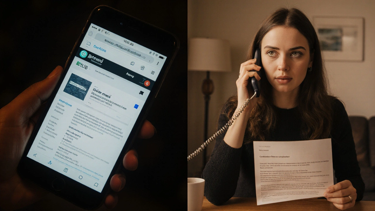 Dvě scény: jeden muž s nejasnou webovou stránkou, žena s potvrzením rezervace po telefonickém hovoru.