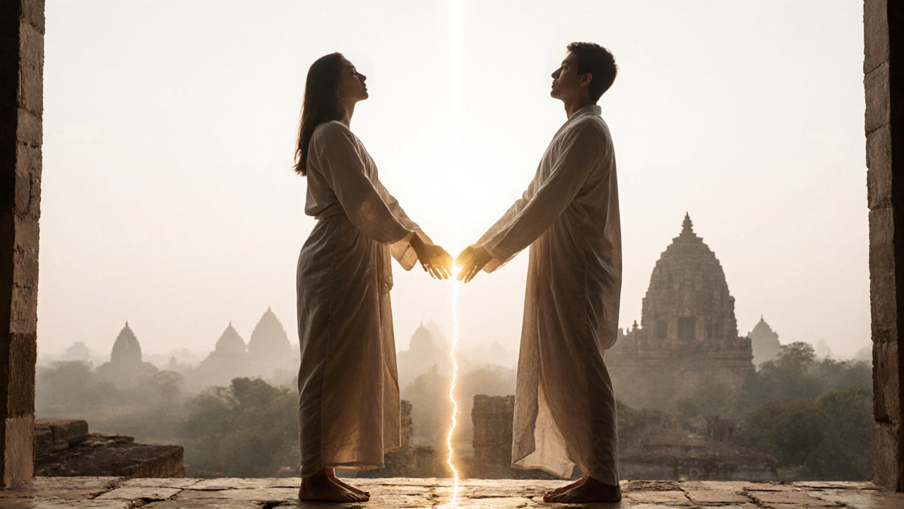 Dvojice stojí v ranní mlze u starověkých ruin, zářící energie mezi jejich těly.