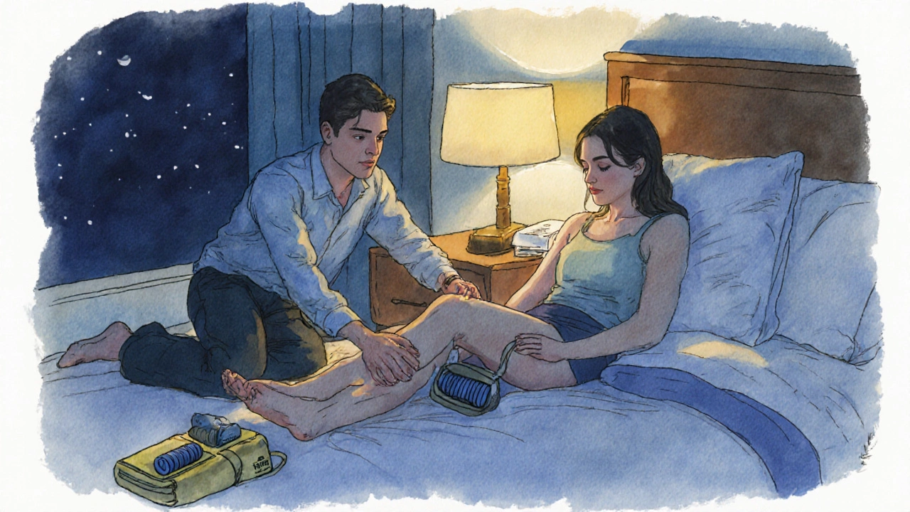 Pár si společně dělá masáž nohou v hotelovém pokoji večer.