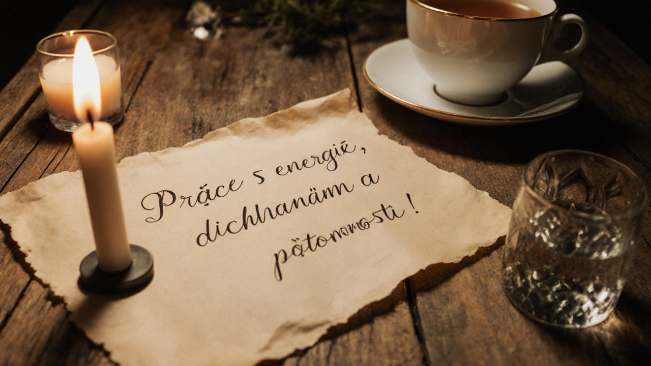 Písemná poznámka s klíčovými slovy tantrické masáže na papíře s svíčkou a křišťálem.