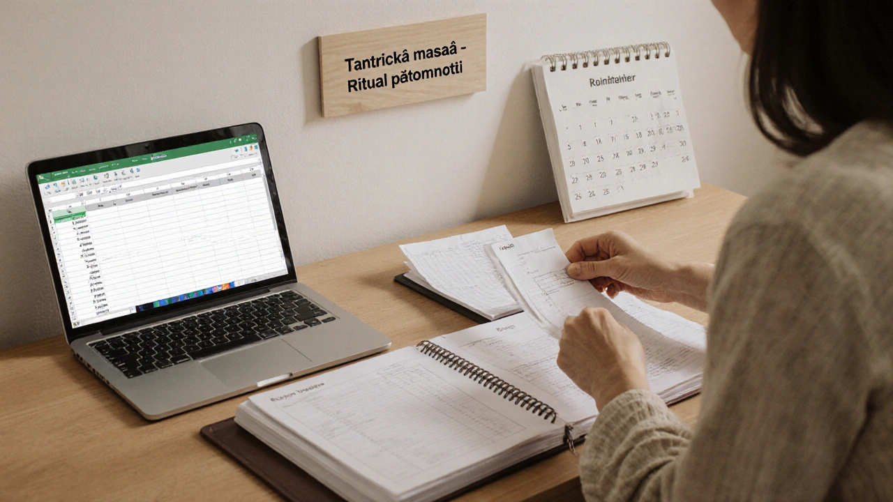 Praktikující tantrické masáže organizuje daňové doklady a účetní knihu na stole.