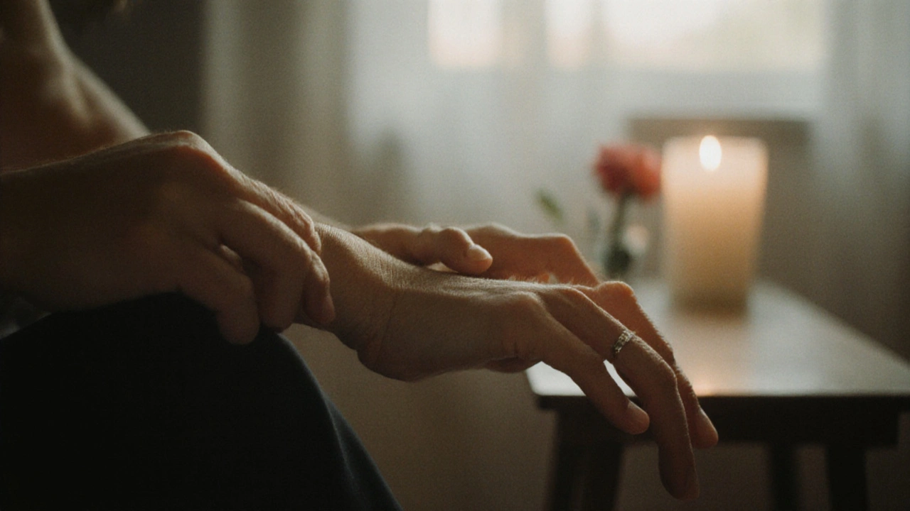 Ruce jemně dotýkají paže, zdůrazňují citlivost a přítomnost bez sexuálního záměru.