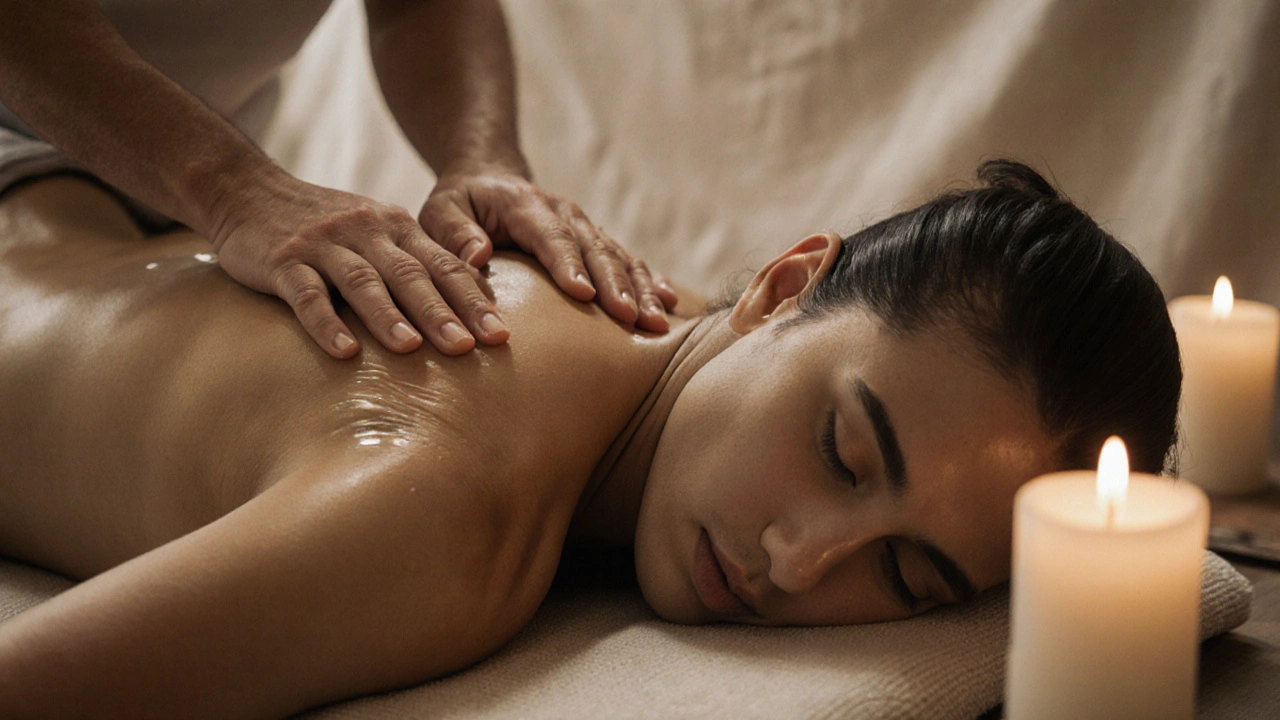 Ruce pomalu klouzající po zádech těla ležícího člověka, kůže leskne se od masážního oleje.