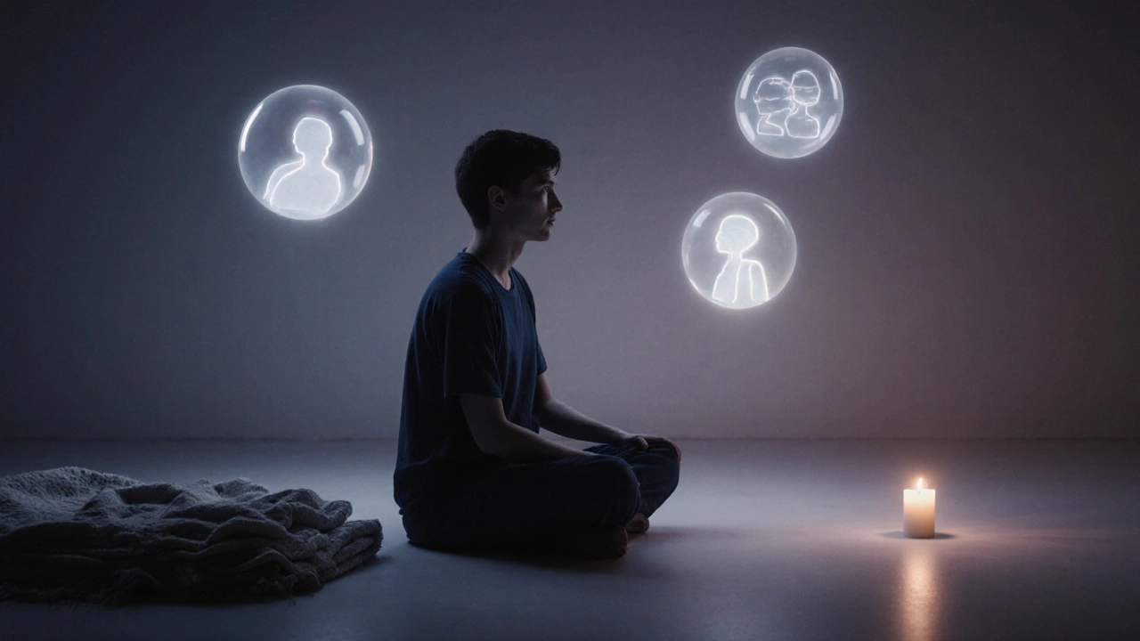 Silueta osoby v klidu, obklopená světelnými koulemi představujícími dech a vnitřní hlas.