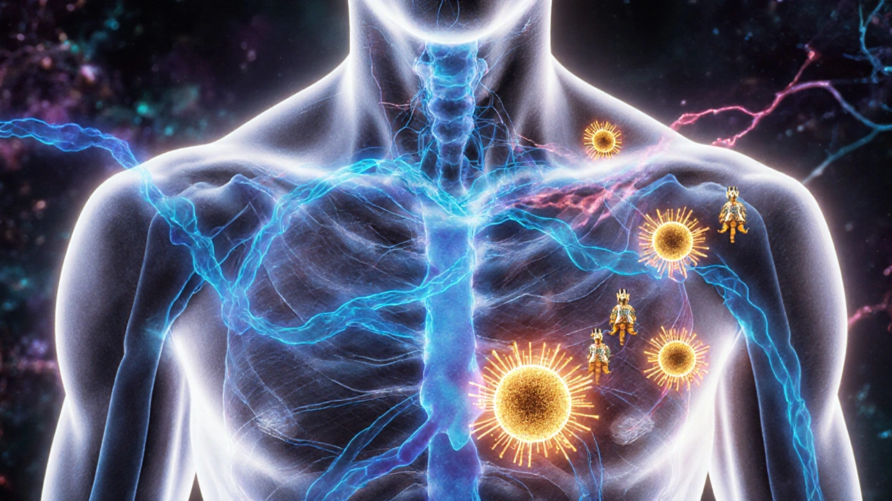 Translucenční ilustrace těla s klesajícím kortizolem a rostoucím oxytocinem, aktivujícím bílé krvinky.