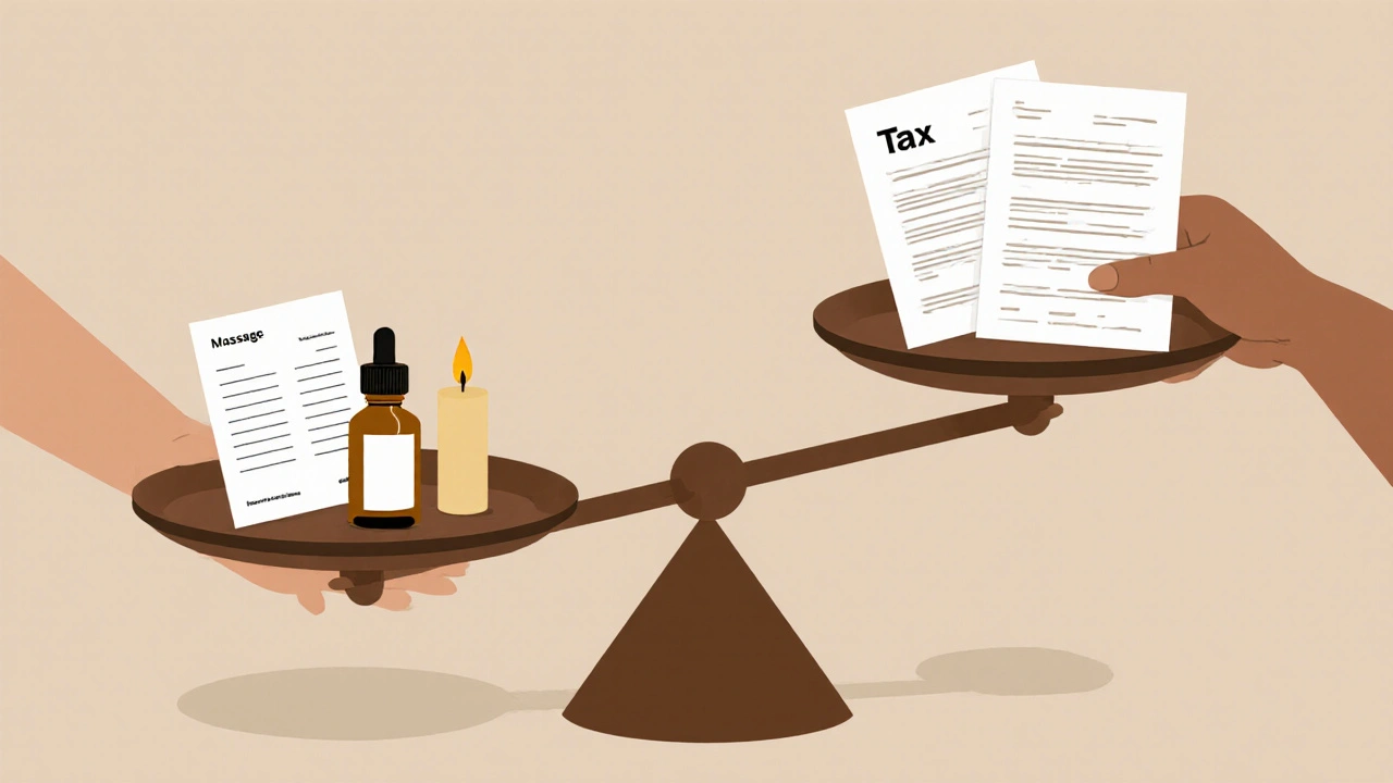 Váha symbolizující rovnováhu mezi duchovní masáží a právními povinnostmi podnikatele.