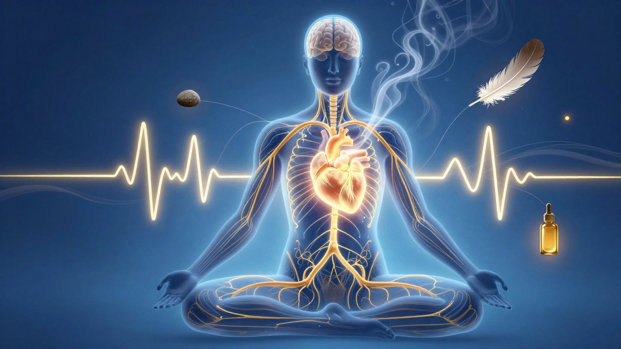 Glowing nervová soustava s harmonickým srdečním rytmem a dýcháním, symbolizující klid a obnovu.