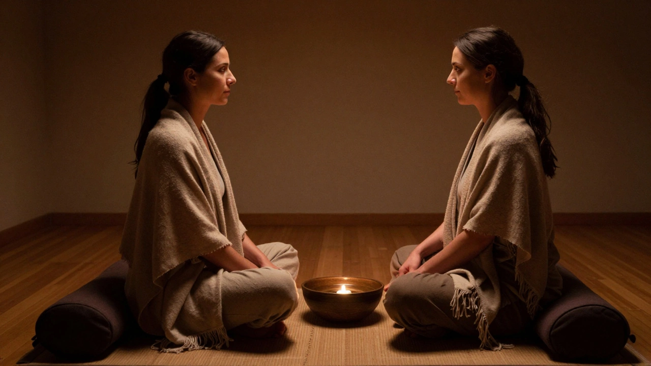 Masérka a klient sedí v tichém kontaktu očí, vytvářejí bezpečný prostor pro hluboké uvolnění.