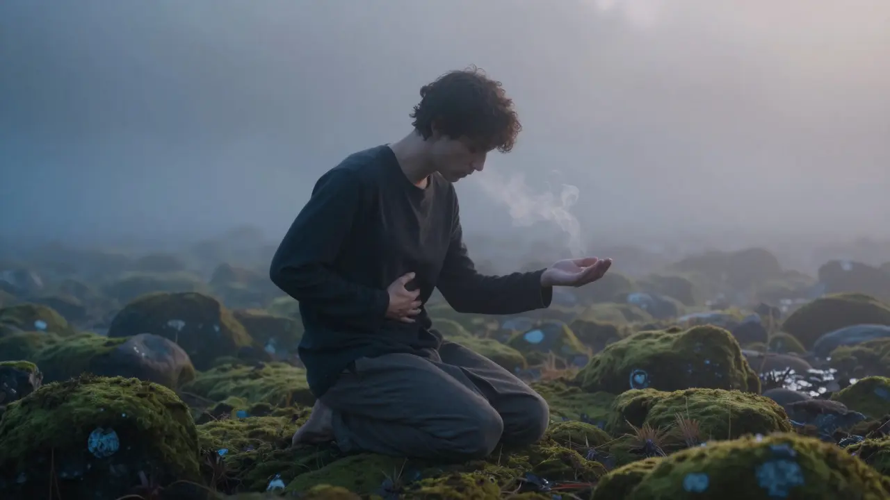 Osoba klečí v přírodě v ranní mlze, dech je viditelný, ruka na břiše.