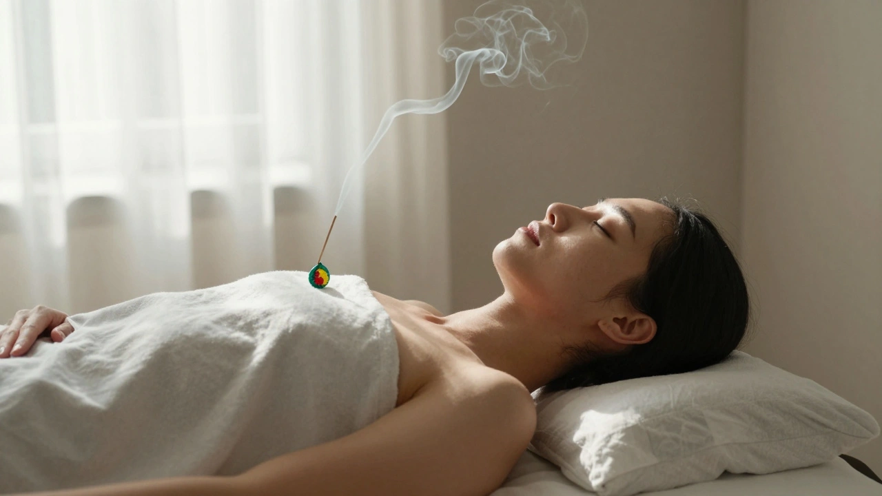 Osoba leží v klidu na masážním stole, ruka na prsou, vedle ní tři barevné signální žetony.