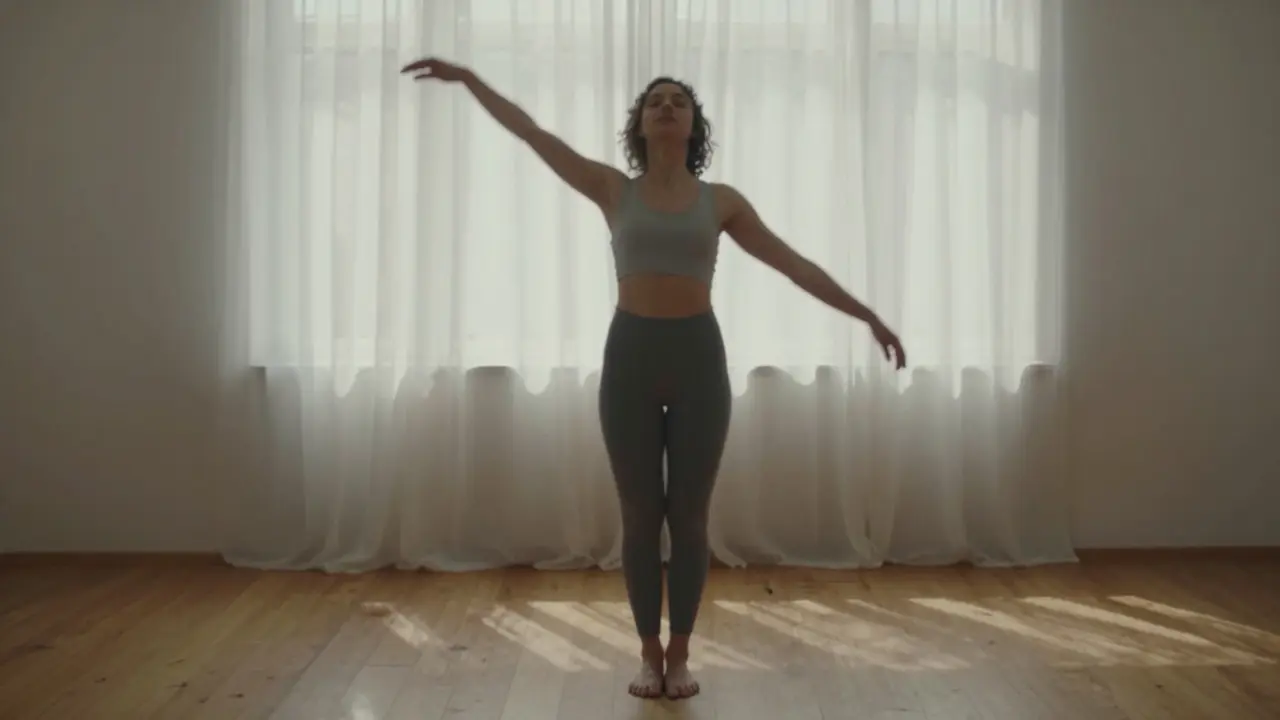 Osoba stojí a pohybuje rukama a kyčlemi v taktu dechu, jemné stíny ji obklopují.