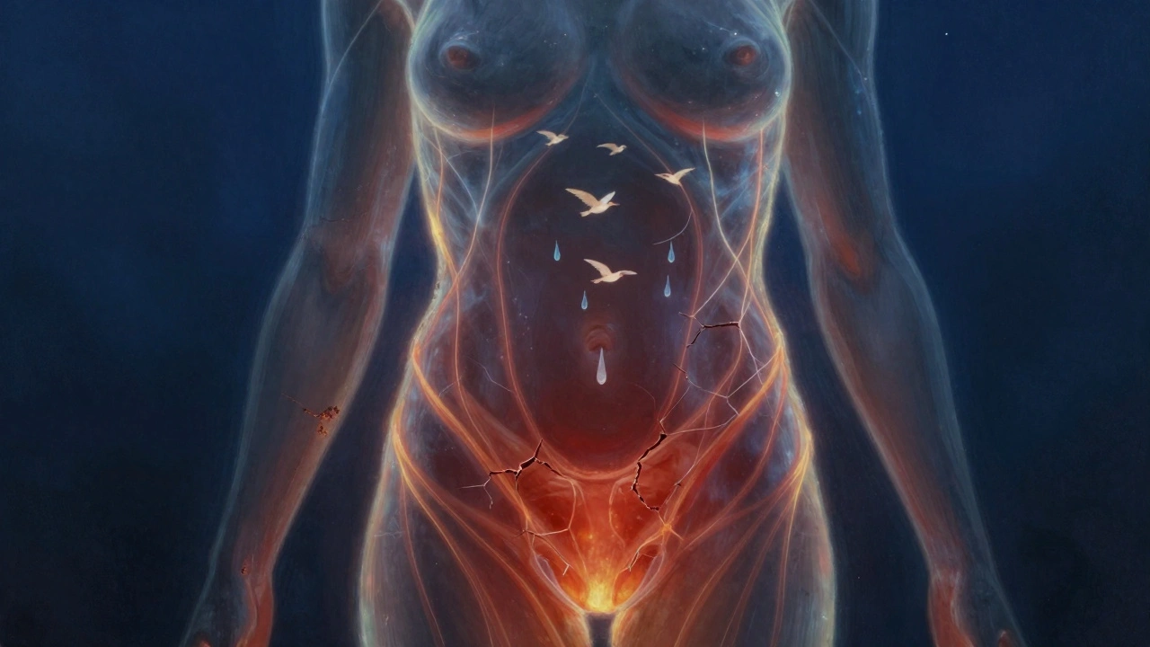 Symbolický obraz těla s energií vycházející z pánve a slzami, které se mění v ptáky.