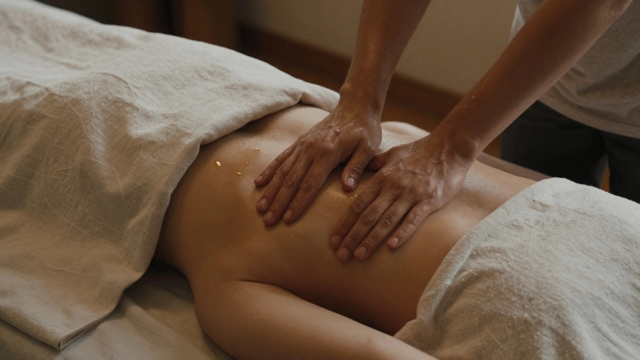 Tantrická masáž: klient leží částečně přikrytý plátnem, masér pomalu masíruje záda a paže.