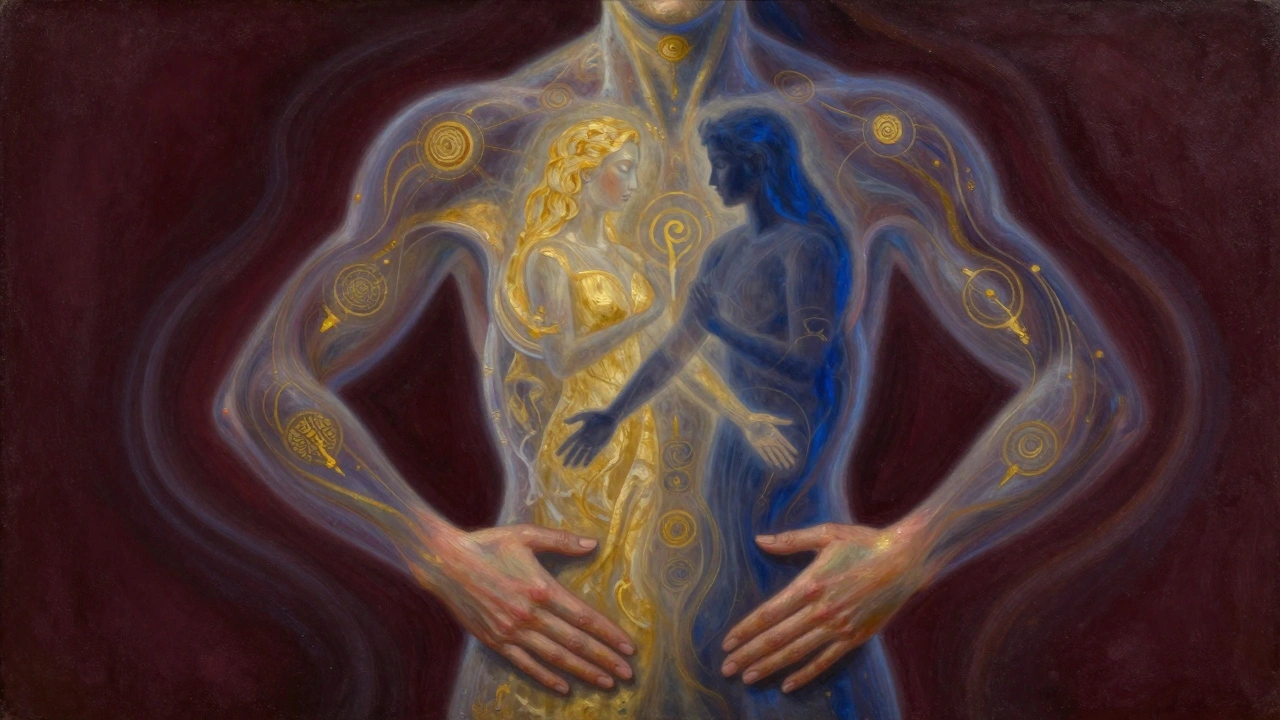 Tělo klienta je obklopeno průhlednými archetypy, které symbolizují hluboké psychické obrazy z kolektivního nevědomí.