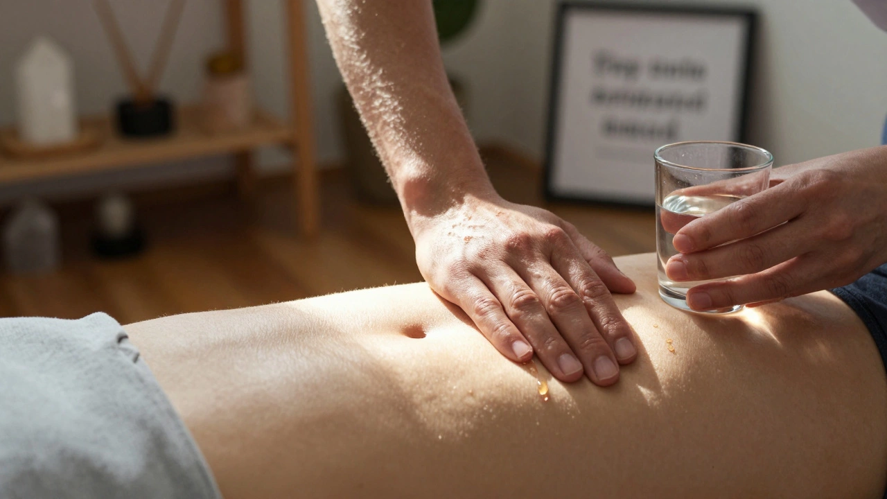 Terapeutova ruka na břiše klienta, jedna slza padá na dřevěný podlahu.