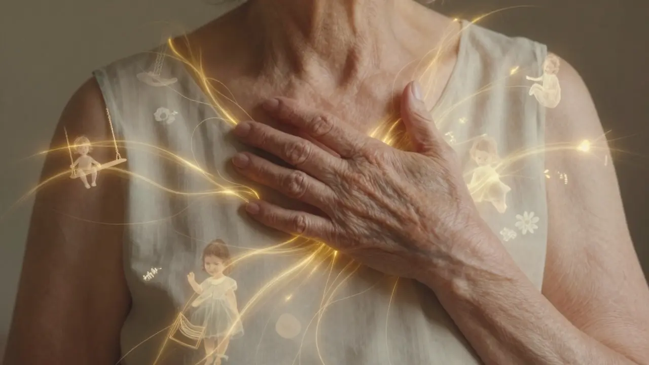 Abstraktní znázornění ruky staré ženy obklopené zlatými energetickými vlákny.