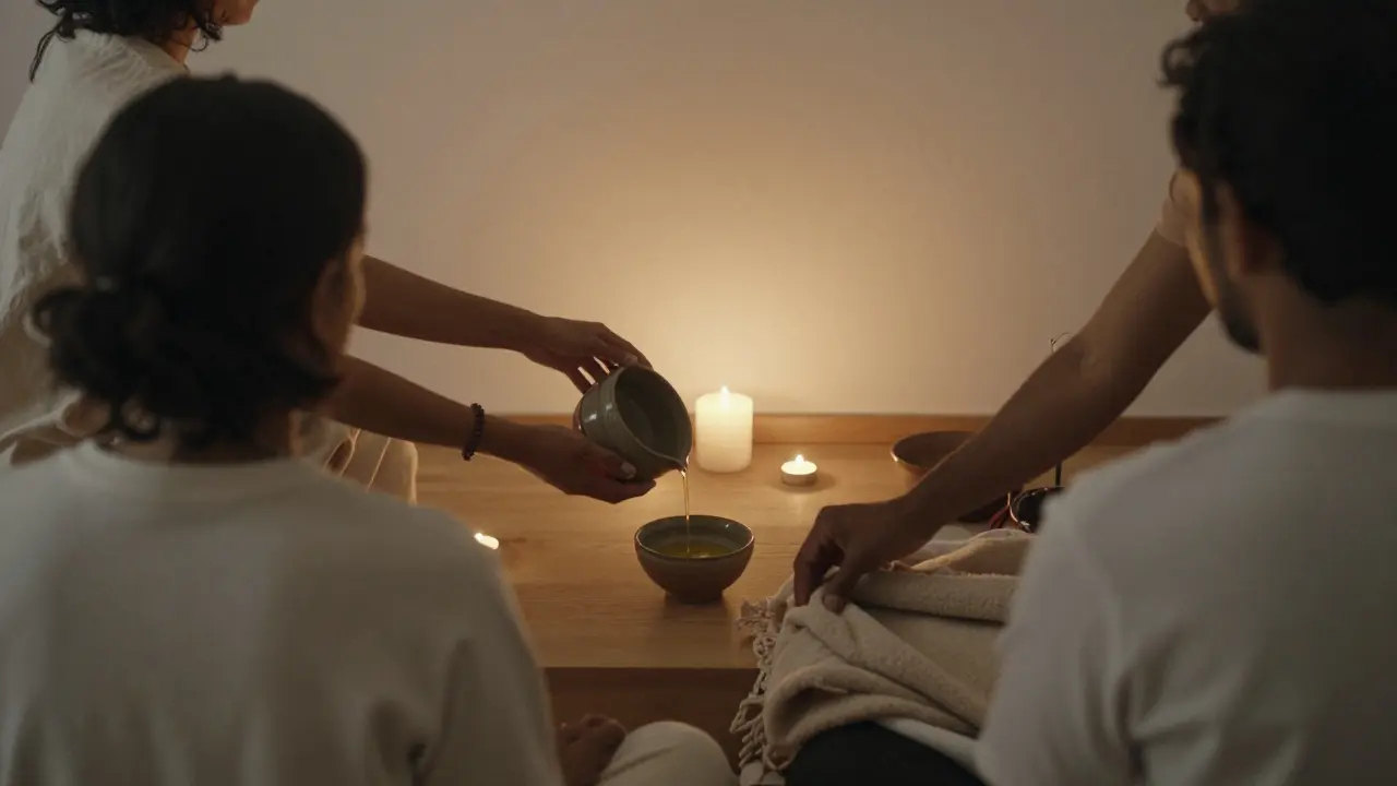 Dva partneři společně připravují prostředí pro tantrickou masáž – olej, svíčky a deky.