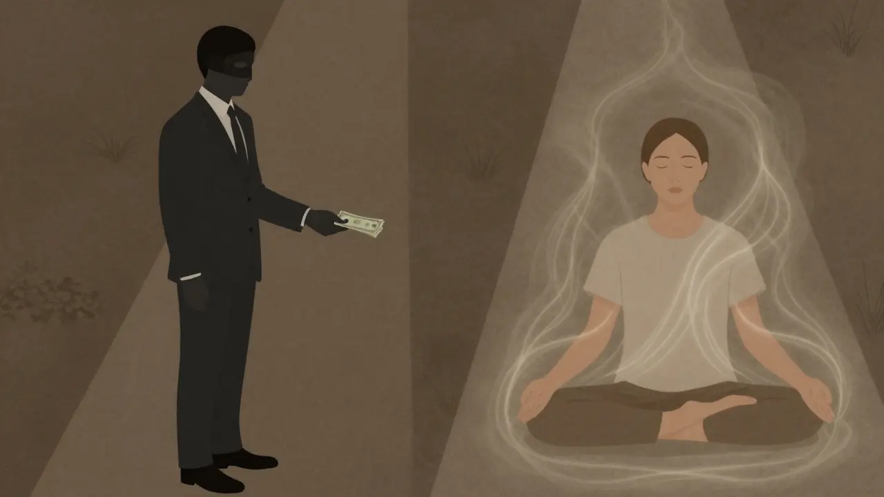 Dvě cesty: jedna komerční s penězi a maskou, druhá duchovní s energií a meditací — symbolické porovnání tantry a sexuální služby.