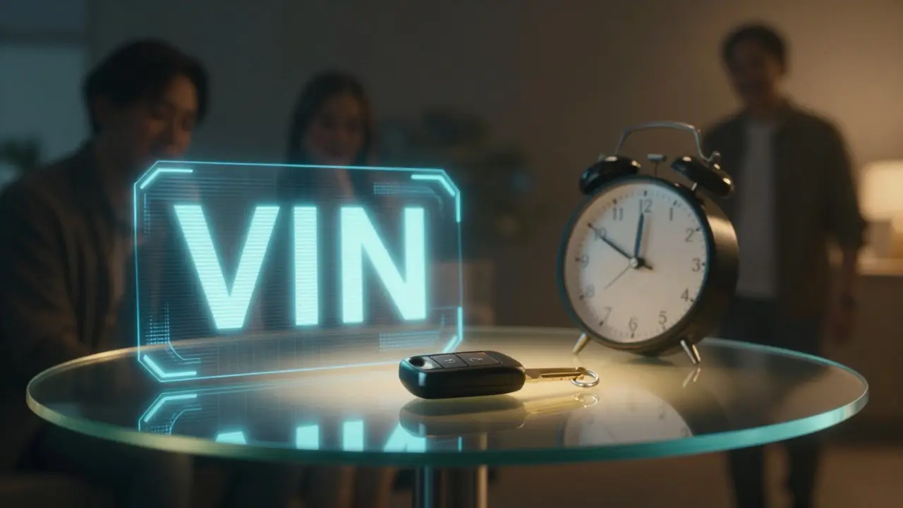 Klíč od auta vedle holografického VINu a časového limitu pro zrušení rezervace.