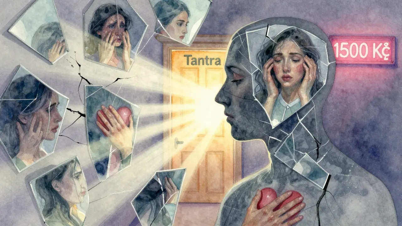 Lidský obraz plný zrcadel s různými emocemi, světlo září z dutin, ruka dotýká srdce, zatímco komerční značka mizí v pozadí.