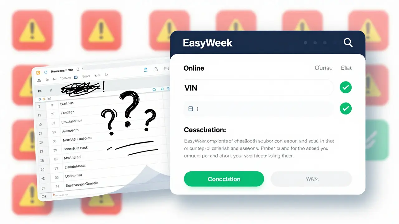 Porovnání neorganizovaného Excelu a moderního online systému rezervace auta.