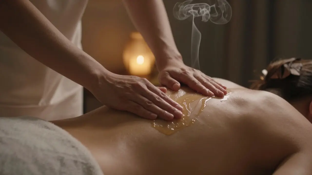 Ruce masírují záda teplým olejem, pod kotníky ručník, jemné osvětlení svíčkami.