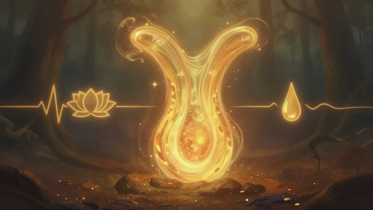 Symbolická reprezentace yoni jako posvátného průchodu zlatým světlem a přirozených prvků.