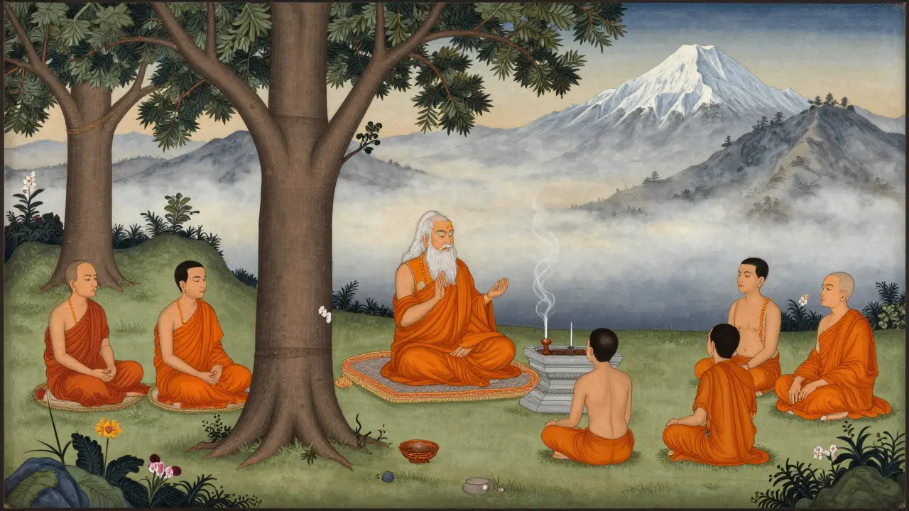 Tradiční indický ashram na svahu Himalájů s mnichy meditujícími pod stromy v ranní mlze.