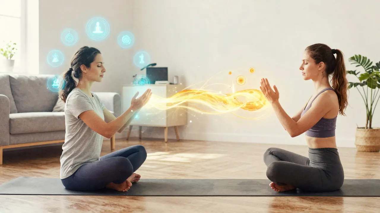 Hybridní výuka: online teorie na levé straně a praktická přítomnost na pravé straně spojená zlatým světlem.