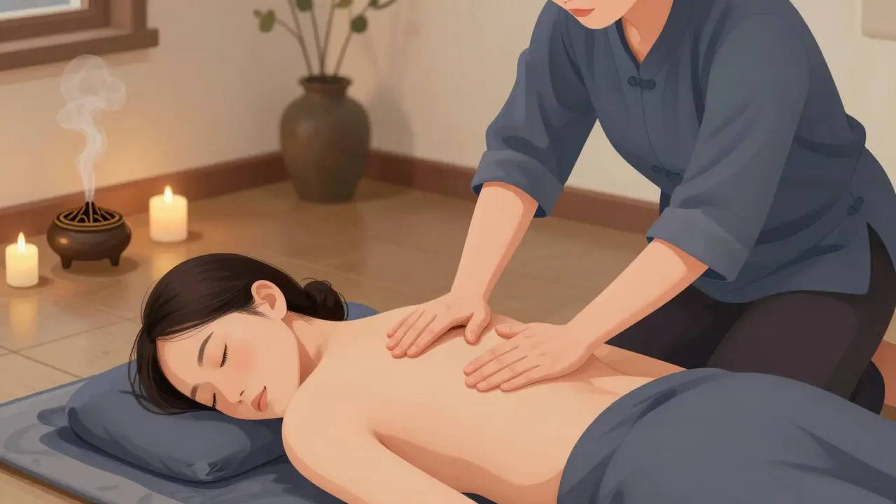 Instruktor jemně koriguje pozici ruky studenta během tantrické masáže v klidném, osvětleném prostoru.