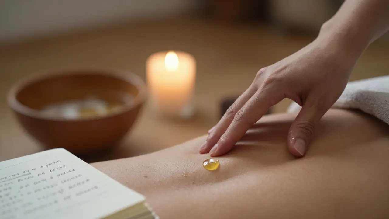 Jemný dotek ruky s olejem na kůži nad pánví, svíčka a teplá voda na pozadí jako součást rituálu.